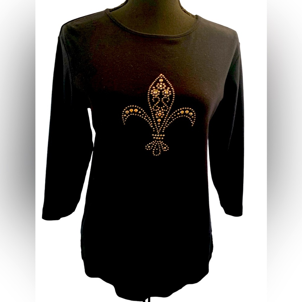 Quacker Factory Black 3/4 Sleeve Fleur De Lis Saints Shirt